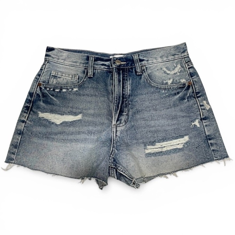 Cello High Waisted Medium Denim‎ Shorts Button Fly Distressed Medium Wash Womans